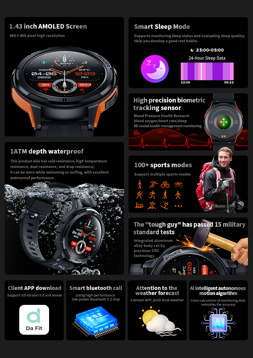 Sports Outdoor Smartwatch 1,43" Amoled HD Bildschirm Akku 410 mAh