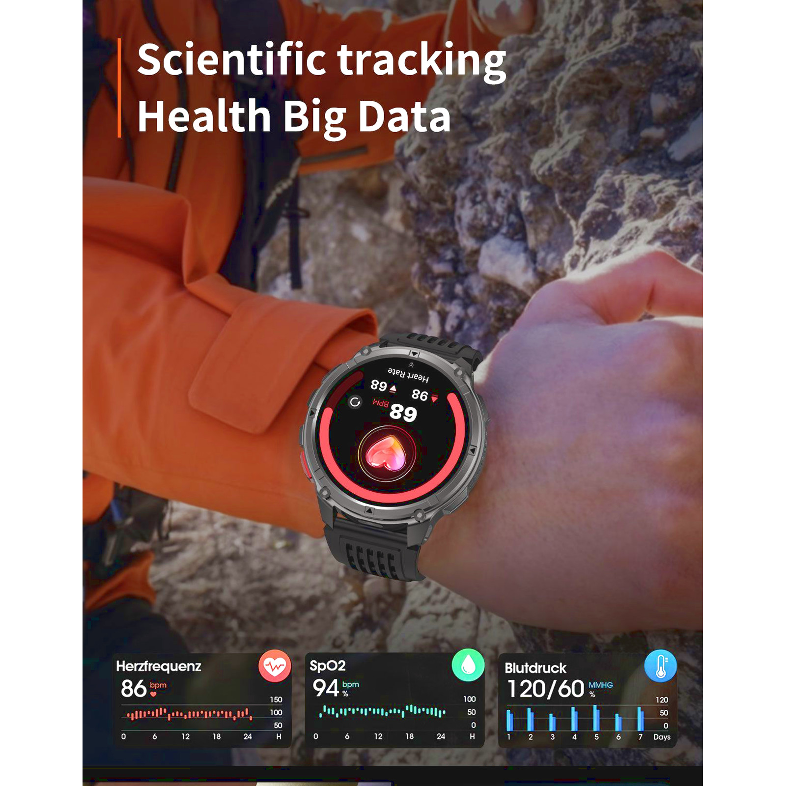 HT33 Smartwatch – Bluetooth Uhr mit Telefonfunktion, 1100 mAh Akku, IP68, Herzfrequenz, Blutdruck, Schlaf & Sportmodi – Bild 6