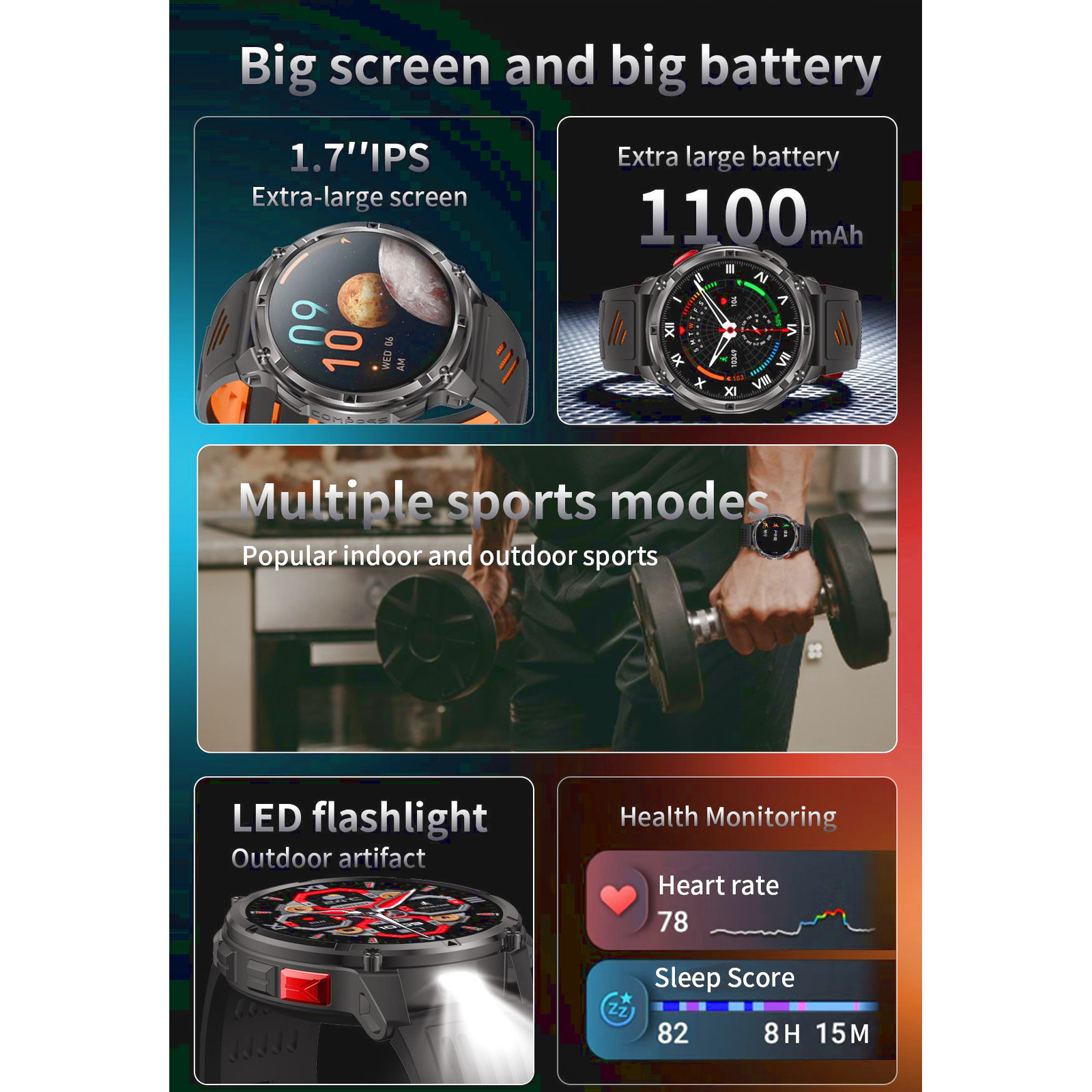 HT33 Smartwatch – Bluetooth Uhr mit Telefonfunktion, 1100 mAh Akku, IP68, Herzfrequenz, Blutdruck, Schlaf & Sportmodi – Bild 5