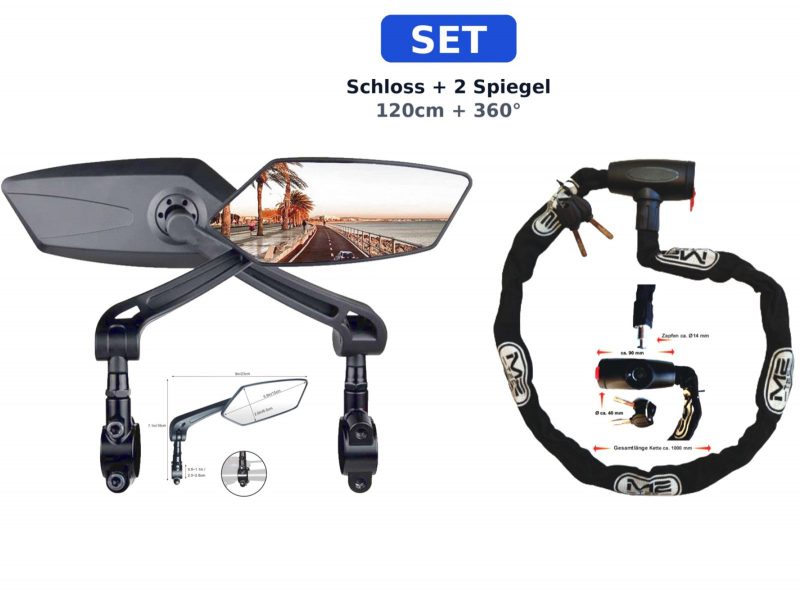 Fahrrad Sicherheits-Set – Kettenschloss M2-217 + 2 Sicherheitsschlüssel + 2 Spiegel