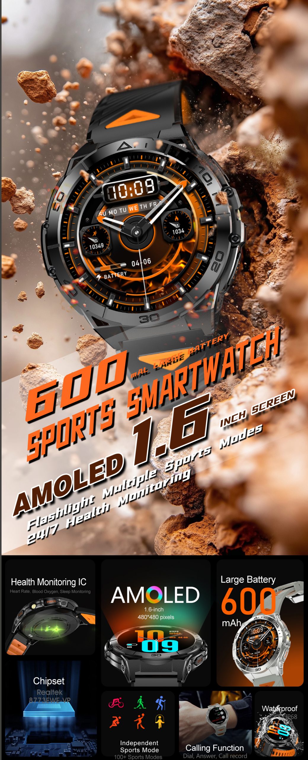 SENBONO K71 AMOLED Smartwatch – 1,6 Zoll, 600 mAh, IP68 & Telefonfunktion – Bild 2